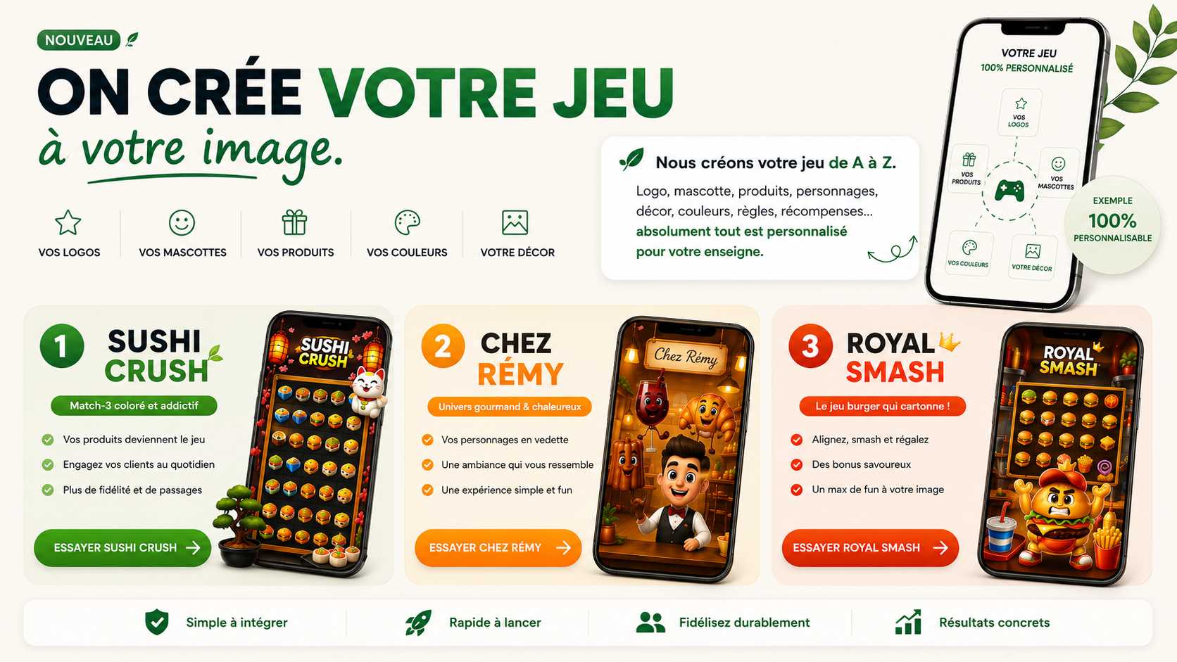 On crée votre jeu à votre image : Sushi Crush, Chez Rémy et Royal Smash