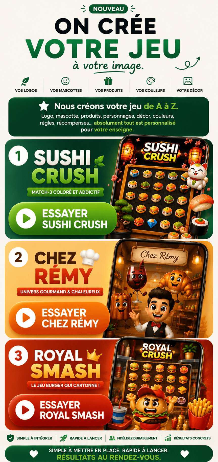 On crée votre jeu à votre image : Sushi Crush, Chez Rémy et Royal Smash
